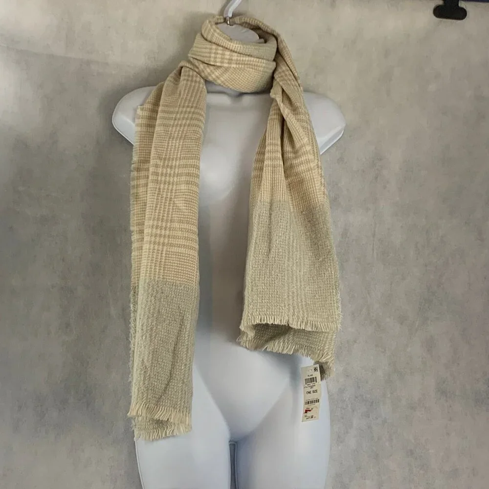 INC Women's Plaid Colorblock Scarf, Gray Beige Multi, One Size Fits Most